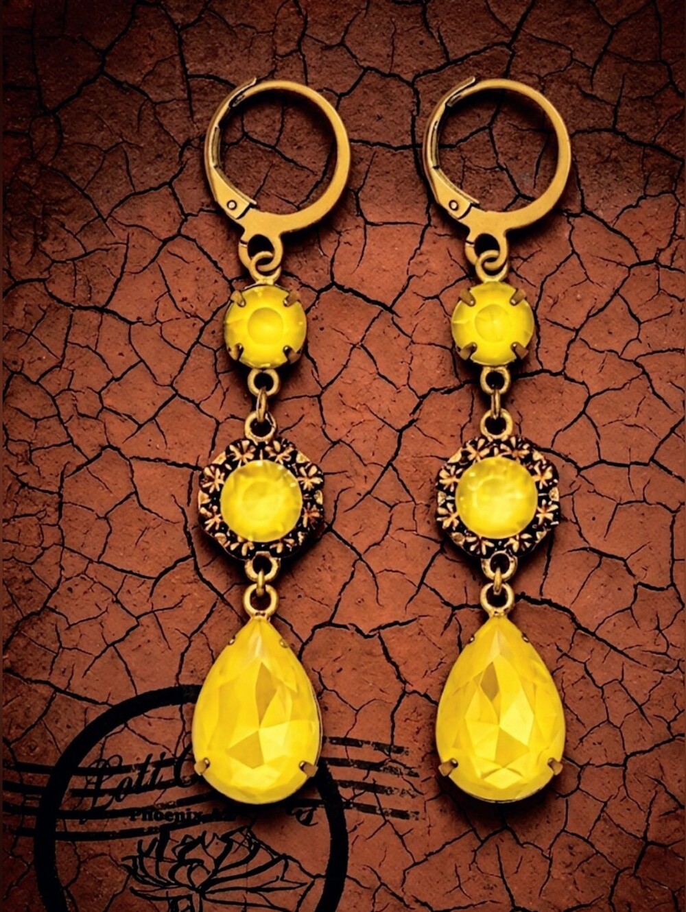Victorian Sunshine Yellow Swarovski & Flowe Crystals In Three Tiered GP Earrings